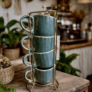 ☕️Beautiful unique turquoise Ceramic espresso cup Set with handsome gold stand